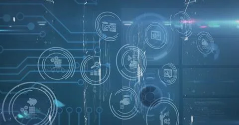 Image of scope scanning with icons over computer circuit board on black Stock Photos