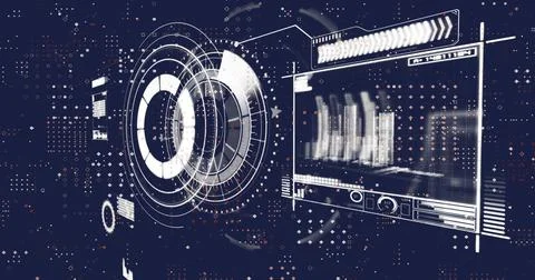 Image of scope scanning with icons over data processing on black background Foto stock