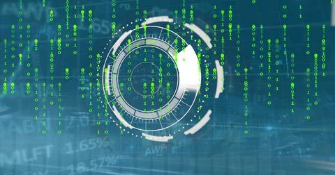 Image of scope scanning with interface, binary codes, graphs moving over trading Stock Illustration