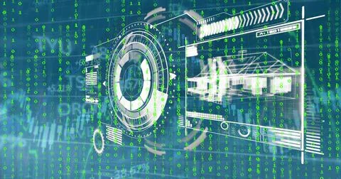 Image of scope scanning with interface, binary codes, graphs moving over trading 스톡 일러스트