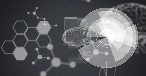 Image of scope scanning, medical data processing and human brain Ilustração Stock