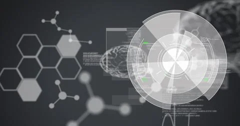 Image of scope scanning, medical data processing and human brain Stock Photos
