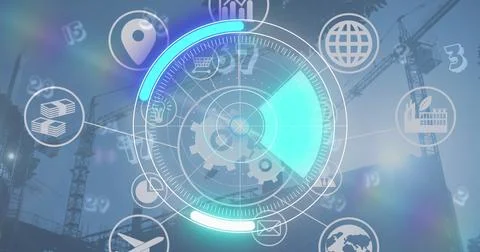 Image of scope scanning with network of icons with cranes in background Stock Illustration