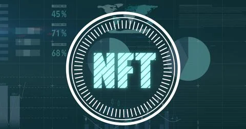 Image of scope scanning with nft text over data processing on black background Stock Illustration