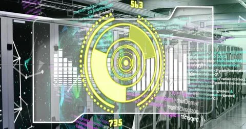 Image of scope scanning with numbers and data processing over computer servers Illustrazione stock