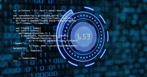 Image of scope scanning with numbers and binary coding processing Foto stock