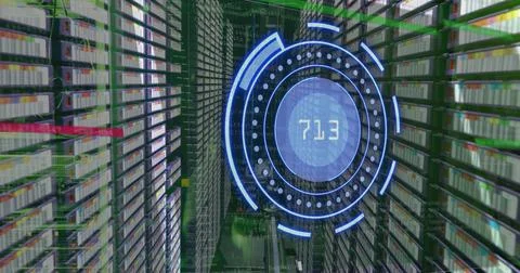 Image of scope scanning with numbers and data processing over computer servers Foto stock