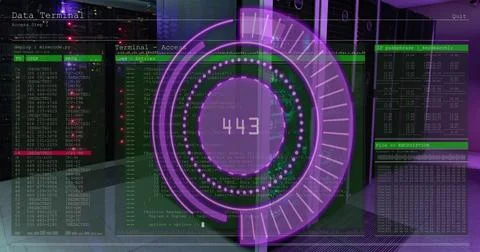 Image of scope scanning with numbers and data processing over computer servers 스톡 사진