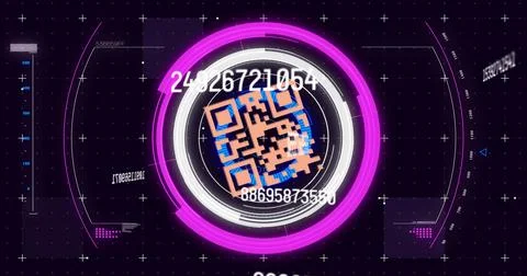 Image of scope scanning, numbers changing and qr code security check on black Illustrazione stock