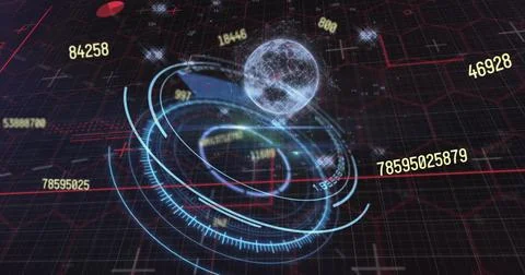 Image of scope scanning, numbers changing and globe spinning on grid in イラスト素材