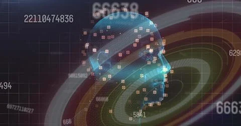 Image of scope scanning, numbers changing over human head spinning on grid in Illustrazione stock