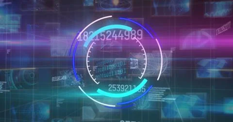 Image of scope scanning, numbers changing and data processing over screens Illustrazione stock
