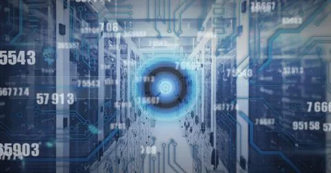 Image of scope scanning numbers changing over tech room with computer servers Foto stock