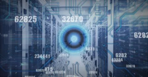 Image of scope scanning numbers changing over tech room with computer servers Stock Photos