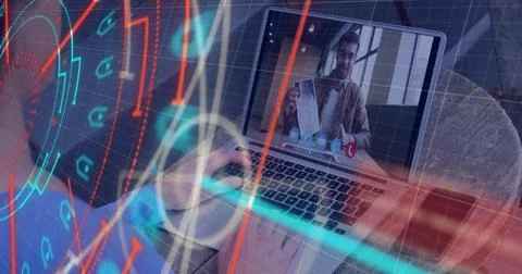 Image of scope scanning over caucasian woman using laptop for image call Stock Photos