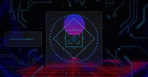Image of scope scanning over circles and circuit board elements on blue Fotos Stock