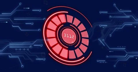 Image of scope scanning over computer circuit board with icons on blue 스톡 사진