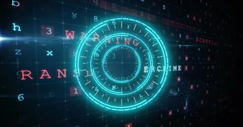 Image of scope scanning over cyber attack warning text on black background Illustrazione stock