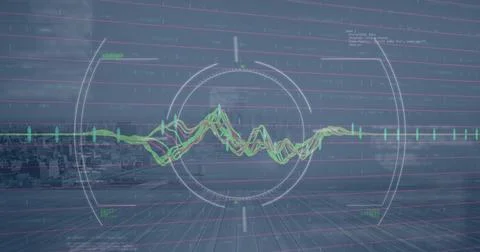 Image of scope scanning over data processing against aerial view of cityscape Ilustración de archivo
