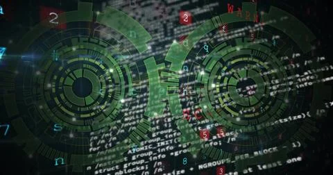 Image of scope scanning over data processing on blue background Illustrazione stock