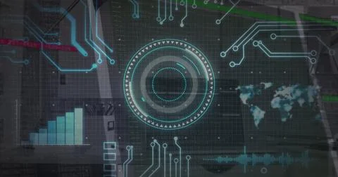 Image of scope scanning over data processing and computer motherboard and Stock Photos