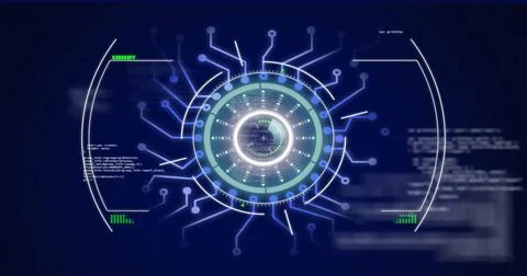 Image of scope scanning over data processing on black background Stock Photos
