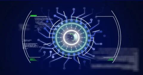Image of scope scanning over data processing on blue background Stock Photos