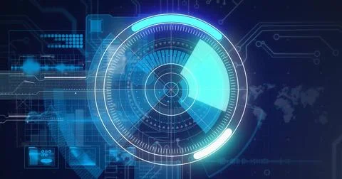 Image of scope scanning over data processing on blue background Foto stock