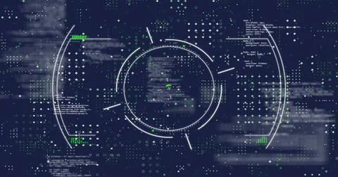 Image of scope scanning over data processing on black background Foto stock