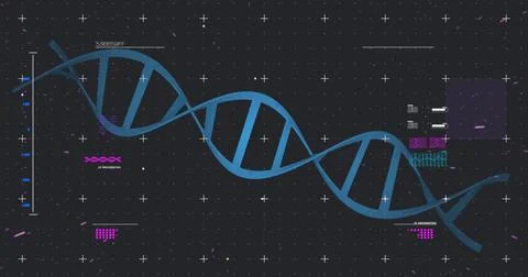 Image of scope scanning over data processing and dna strand on black background 스톡 사진