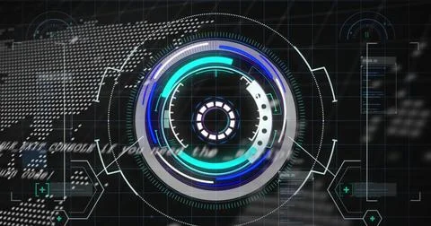 Image of scope scanning over data processing and world map on black background 写真素材