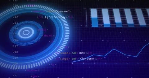 Image of scope scanning over data processing on blue background Stockfoto's
