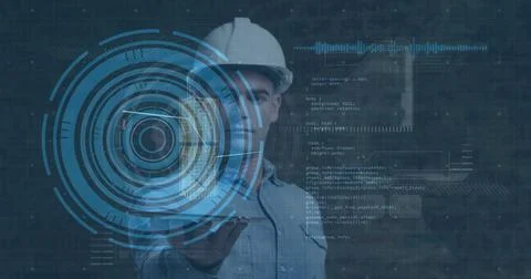 Image of scope scanning over data processing on black background Stockfoto's