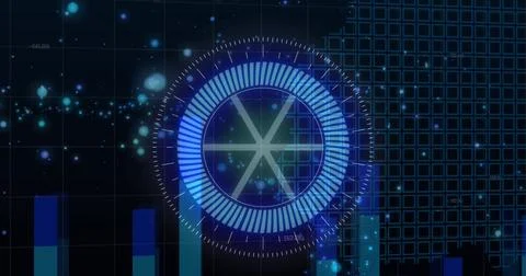 Image of scope scanning over data processing on black background Stock Photos