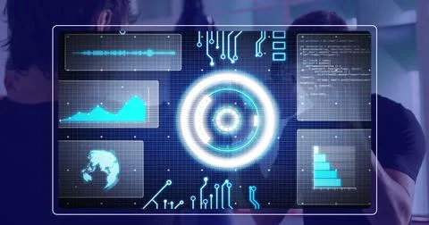 Image of scope scanning over data processing on black background Stock Photos