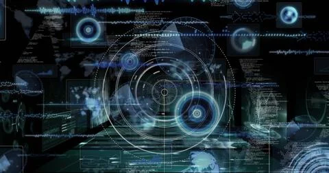 Image of scope scanning over data processing on black background Stock Photos