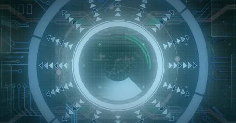 Image of scope scanning over data processing on black background 스톡 사진