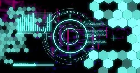 Image of scope scanning over diagrams and data processing Illustrazione stock