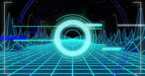 Image of scope scanning over digital mountains on black background Stock Illustration