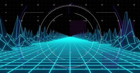 Image of scope scanning over digital mountains on black background Stock Illustration