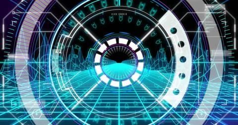 Image of scope scanning over digital mountains on black background Stockillustratie