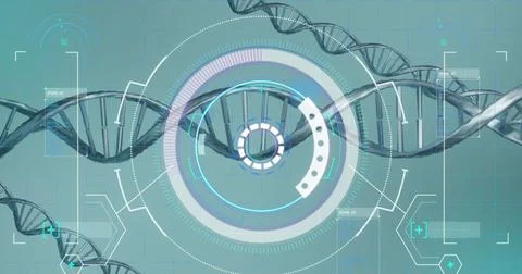 Image of scope scanning over dna strands Foto stock