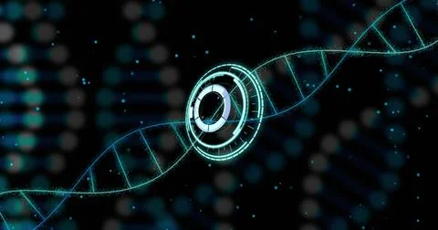 Image of scope scanning over dna strands on black background Foto stock
