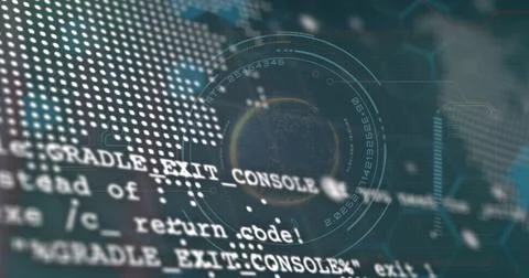 Image of scope scanning over globe and data processing on black background Stockillustratie