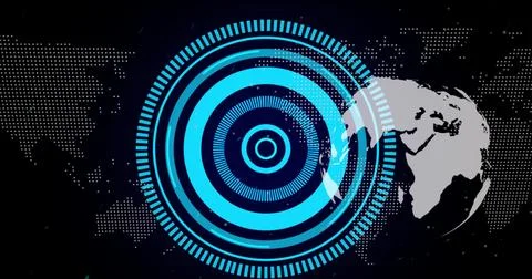 Image of scope scanning over globe and world map Stockillustratie
