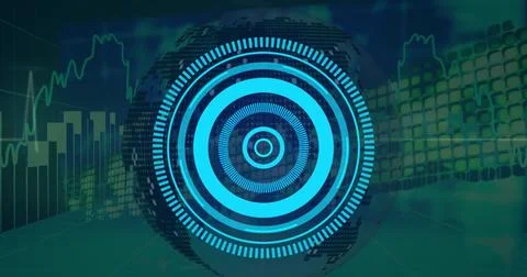 Image of scope scanning over globe and data processing on black background Stock Photos