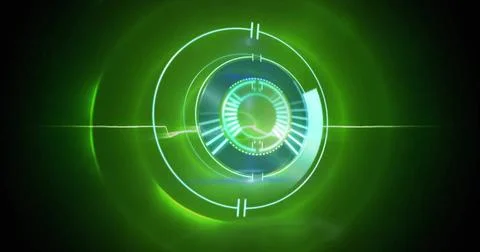 Image of scope scanning over green circles on black background Foto stock