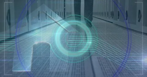 Image of scope scanning over man walking in tech room with computer servers in Stock Photos