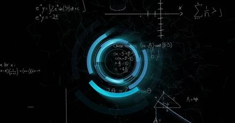 Image of scope scanning over mathematical equations on black background Stock Illustration