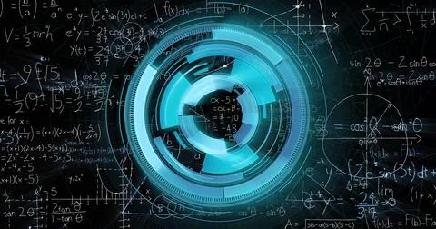 Image of scope scanning over mathematical equations on black background 库存插图